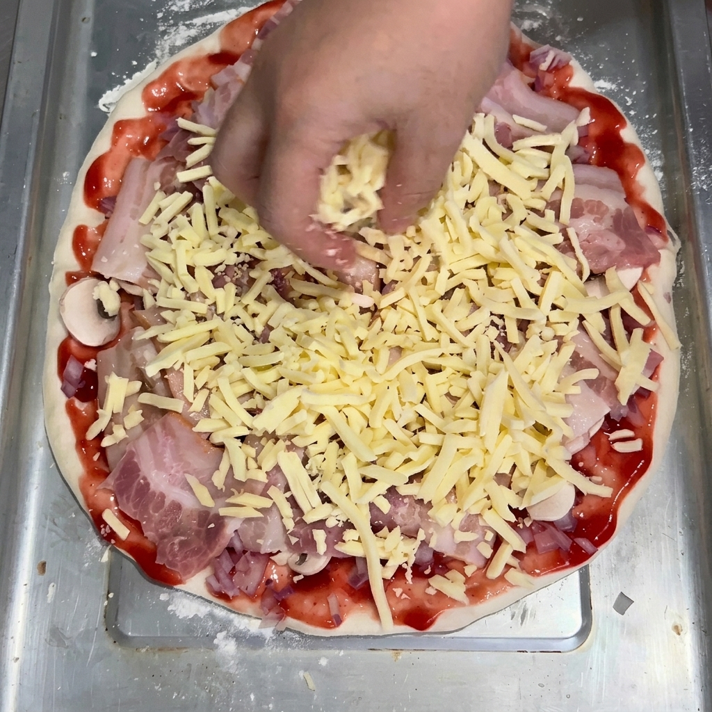 Una mano esparciendo queso mozzarella rallado sobre la base de pizza cubierta de bacon, champiñones y cebolla.