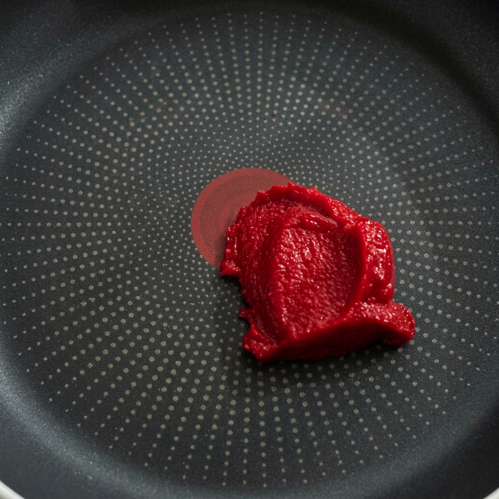 Primer plano de pasta de tomate y kétchup mezclándose en una sartén antiadherente hasta obtener un color rojo uniforme.