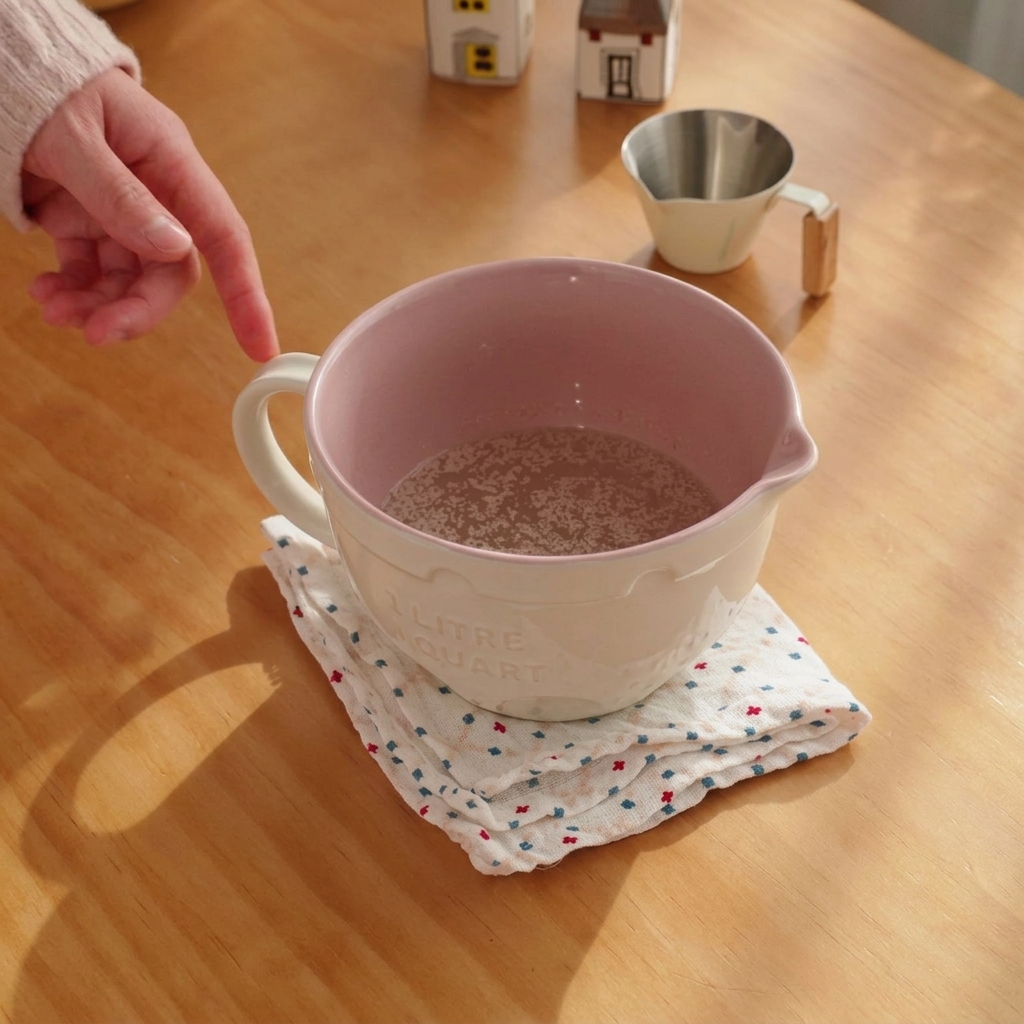 Batido de levadura y azúcar en agua tibia dentro de un tazón rosa.