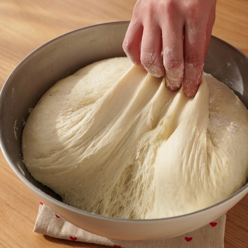 Primer plano de masa de pizza fermentada al abrirse, revelando una estructura interna aireada tipo panal.