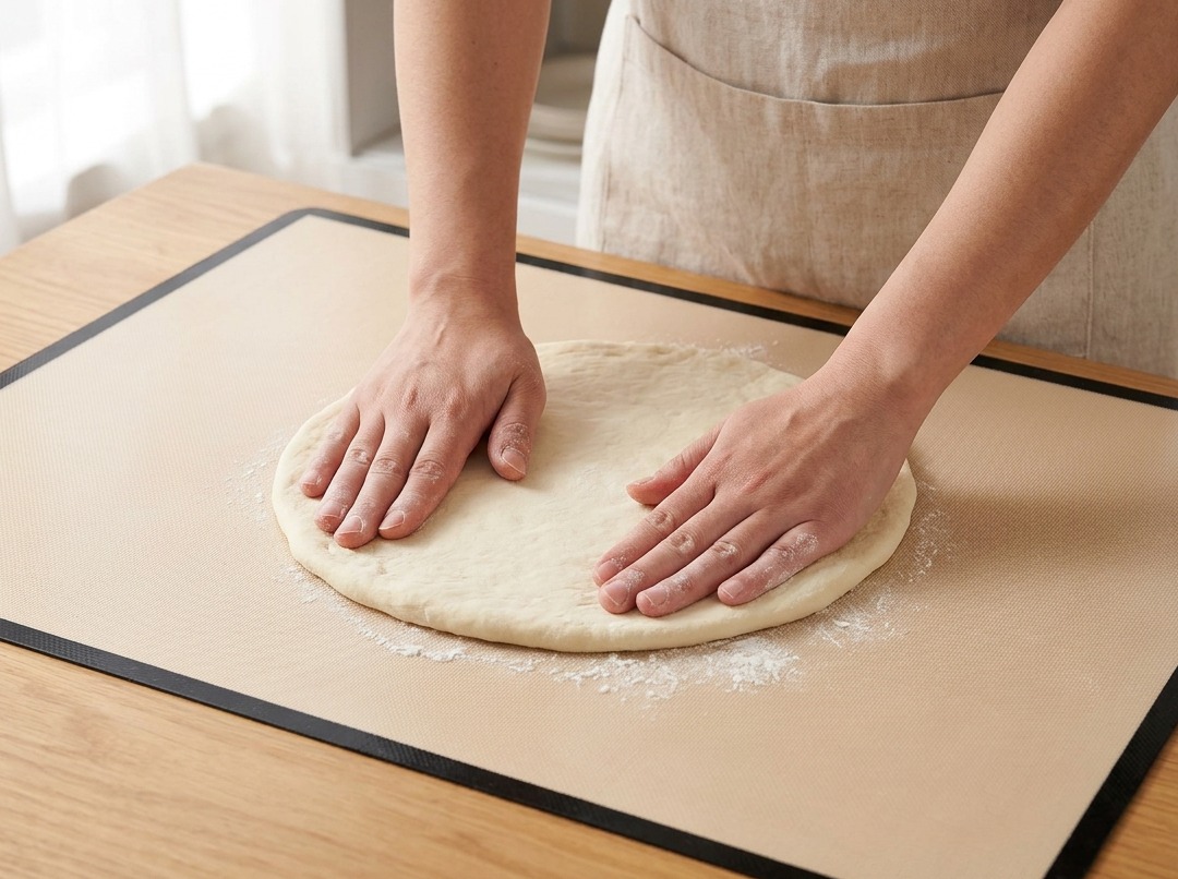 Manos estirando y aplanando una masa circular de pizza sobre un tapete de silicona.