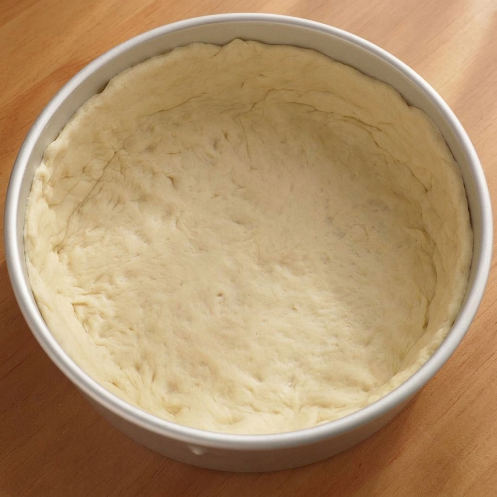 Masa de pizza circular encajada en un molde para pastel metálico, con orificios uniformes de tenedor en la base.