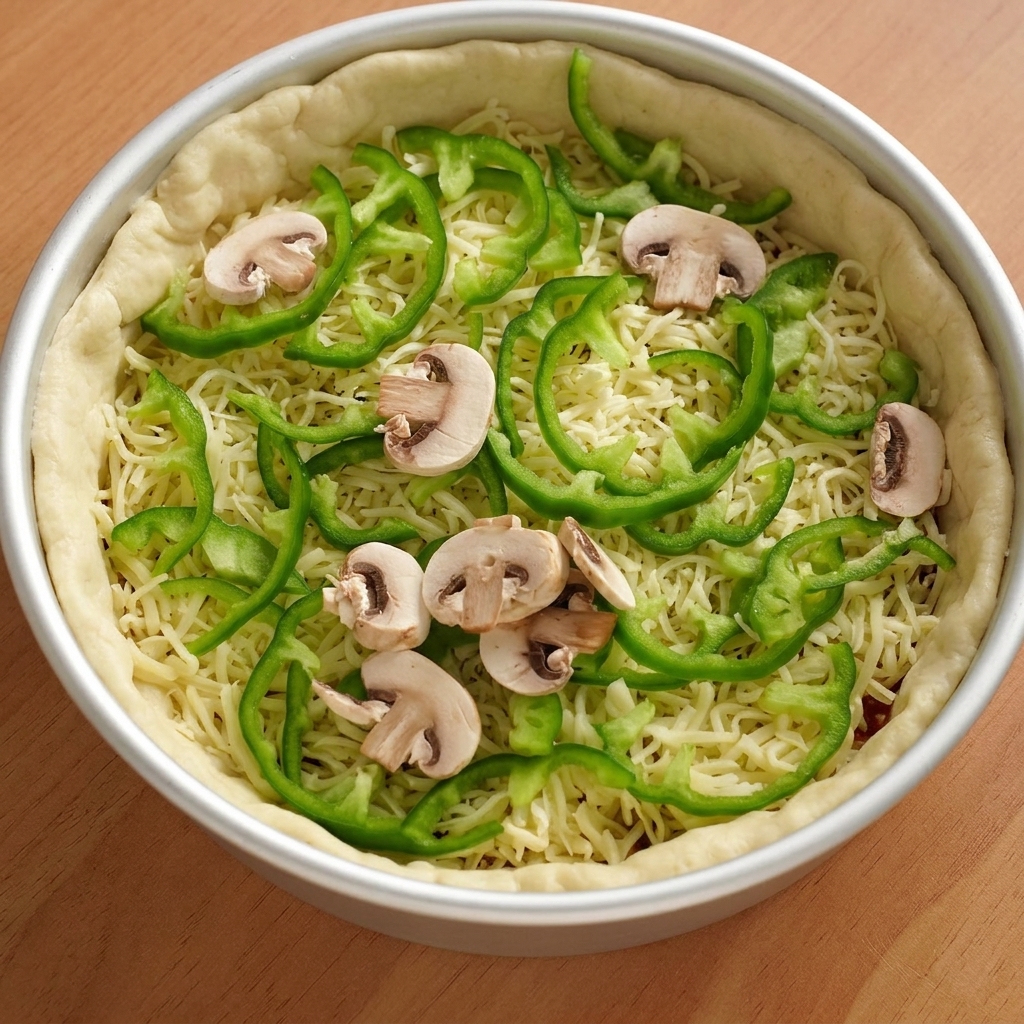 Rodajas de pimiento verde y champiñones frescos colocados sobre la capa de queso y carne.