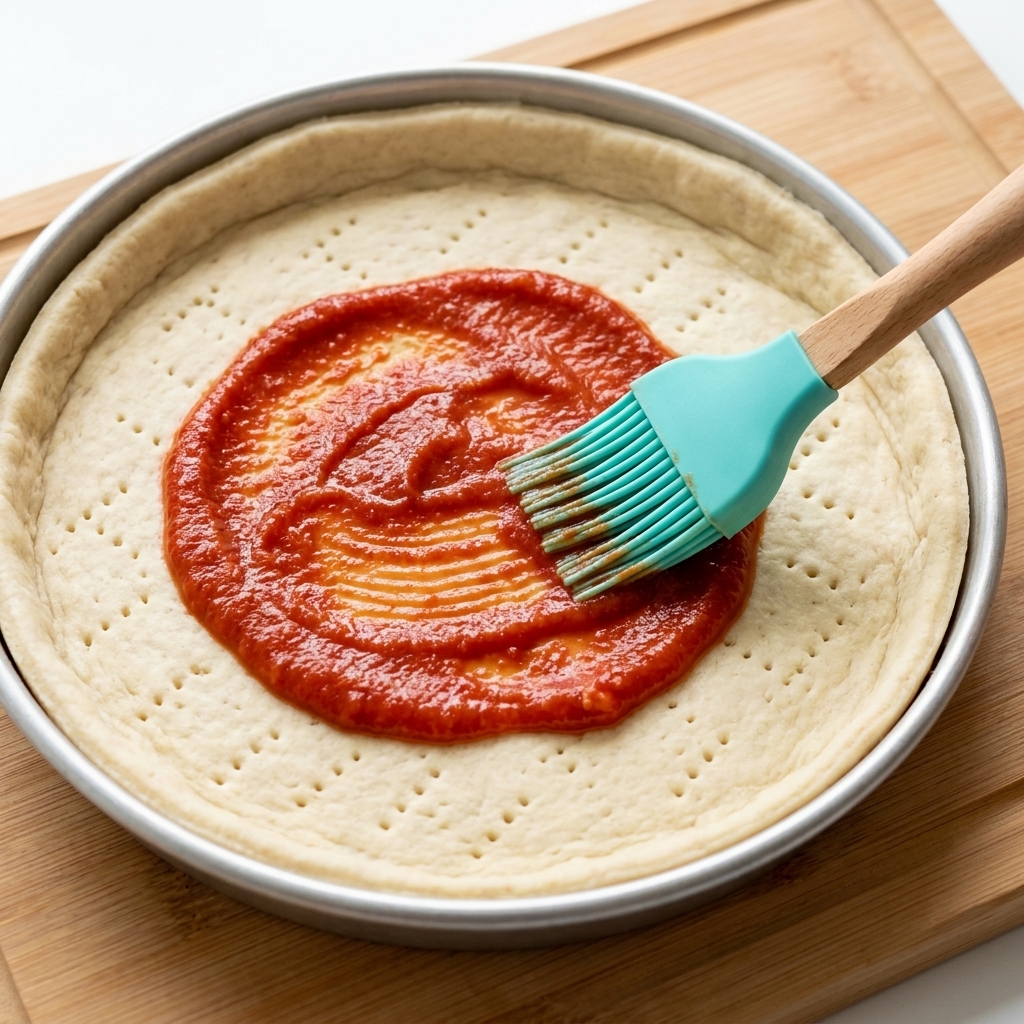 Pincel de silicona verde extendiendo salsa roja de tomate sobre la capa superior de masa.