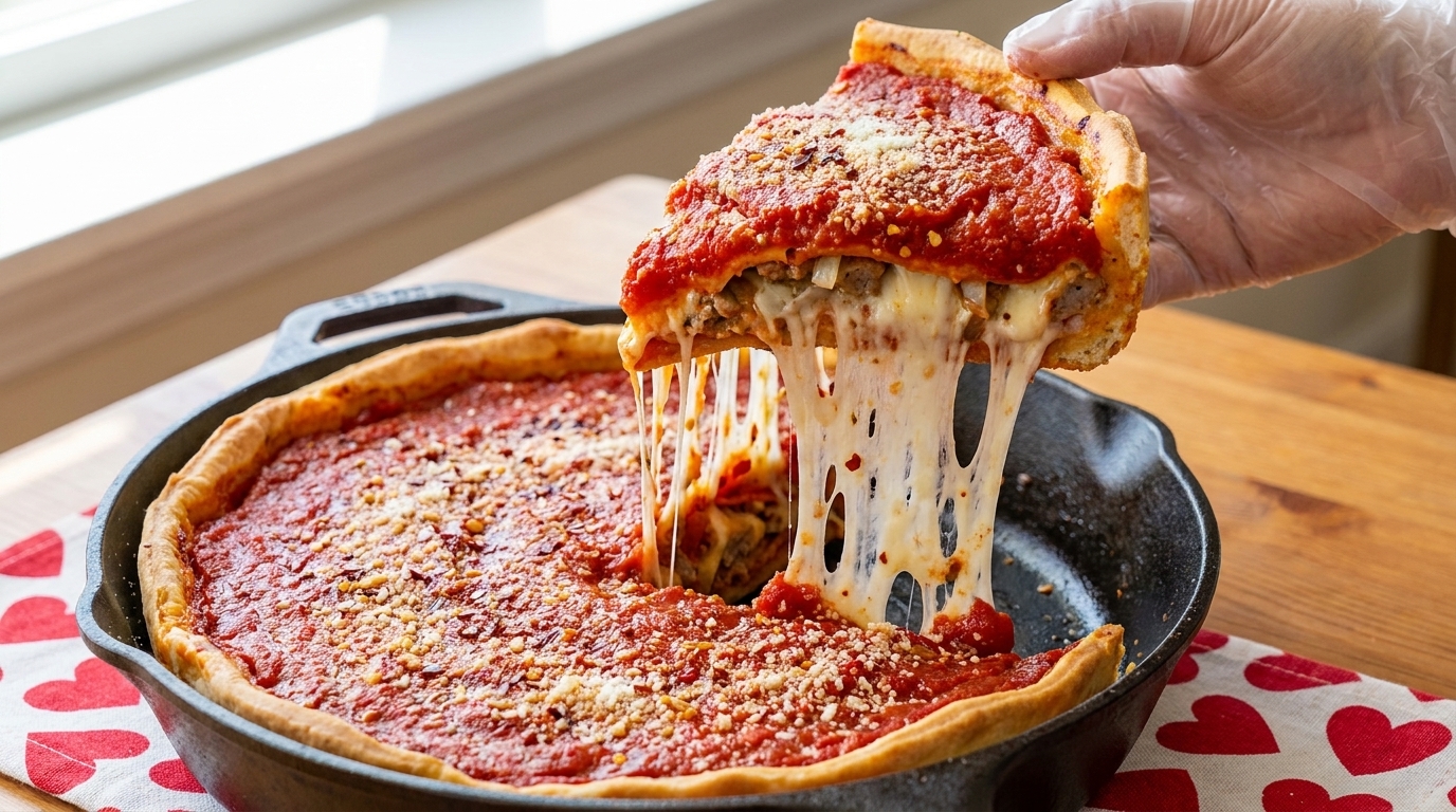 Una porción de pizza deep dish con una capa superior de salsa de tomate rica y un increíble efecto de queso mozzarella fundido.