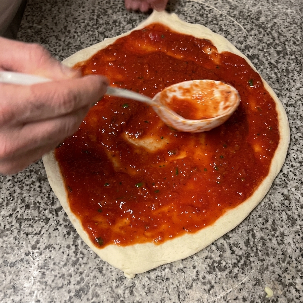 Ajo picado y aceite siendo rociados sobre la pizza cubierta de salsa.