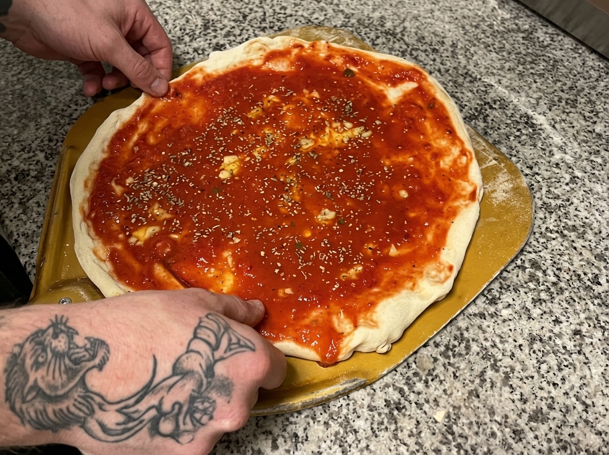 Pizza siendo preparada en una pala antes de su inserción en el horno.