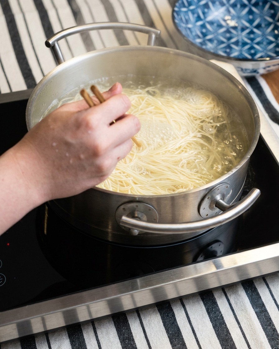 Un cucharón mezclando una cucharada de pasta de miso en el caldo de cerdo hirviendo hasta que se combine.