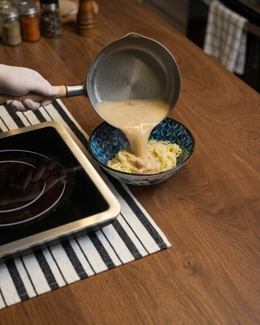 Fideos de ramen hirviendo en una olla con agua, capturados en movimiento.