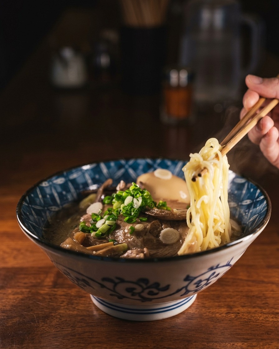 Un tazón lleno de fideos de ramen cocidos, con caldo de miso caliente vertido sobre ellos.
