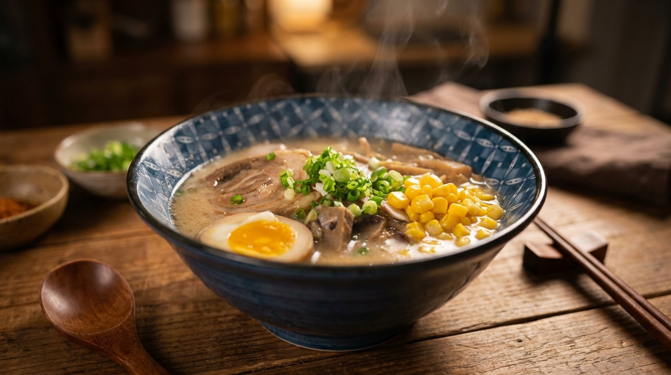 Un humeante tazón de ramen de miso cubierto con cerdo en láminas, huevo pasado por agua, maíz dulce y cebollino.