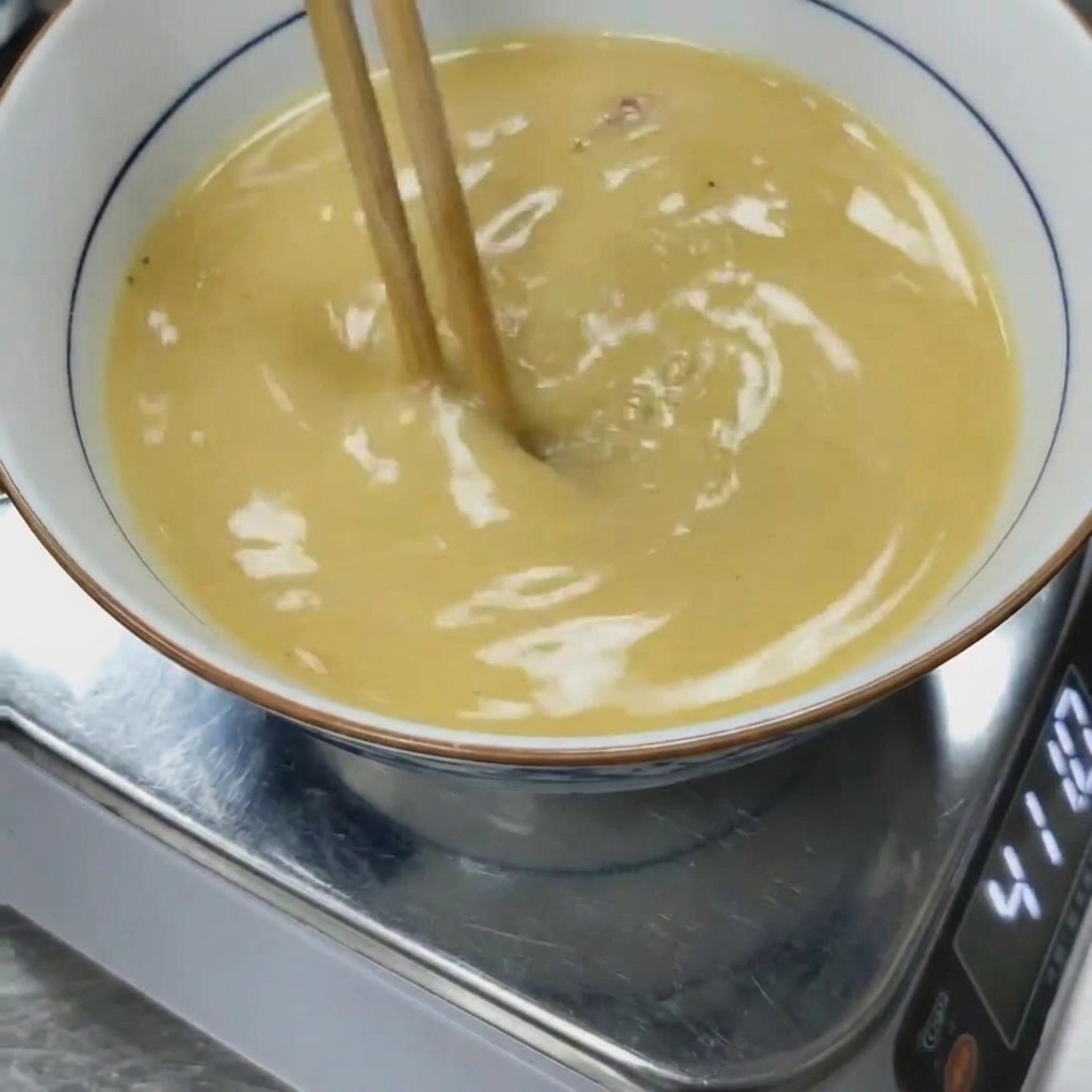 Pasta de miso siendo mezclada minuciosamente en el caldo caliente de cerdo con unos palillos.