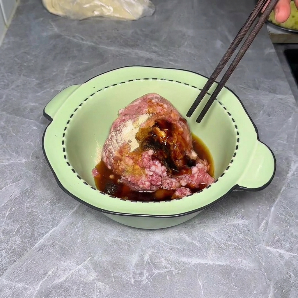 Cebollino picado y jengibre mezclándose con la carne.