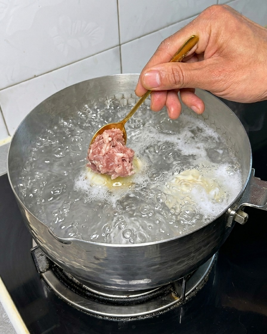 Pequeñas albóndigas de carne cayendo en agua caliente.