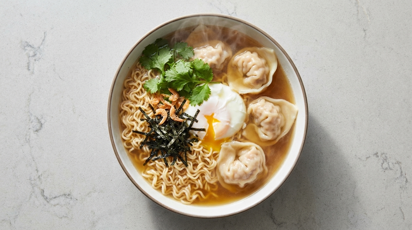 Un humeante tazón de sopa de fideos con wonton, destacando wontons rellenos, fideos y un huevo pochado.