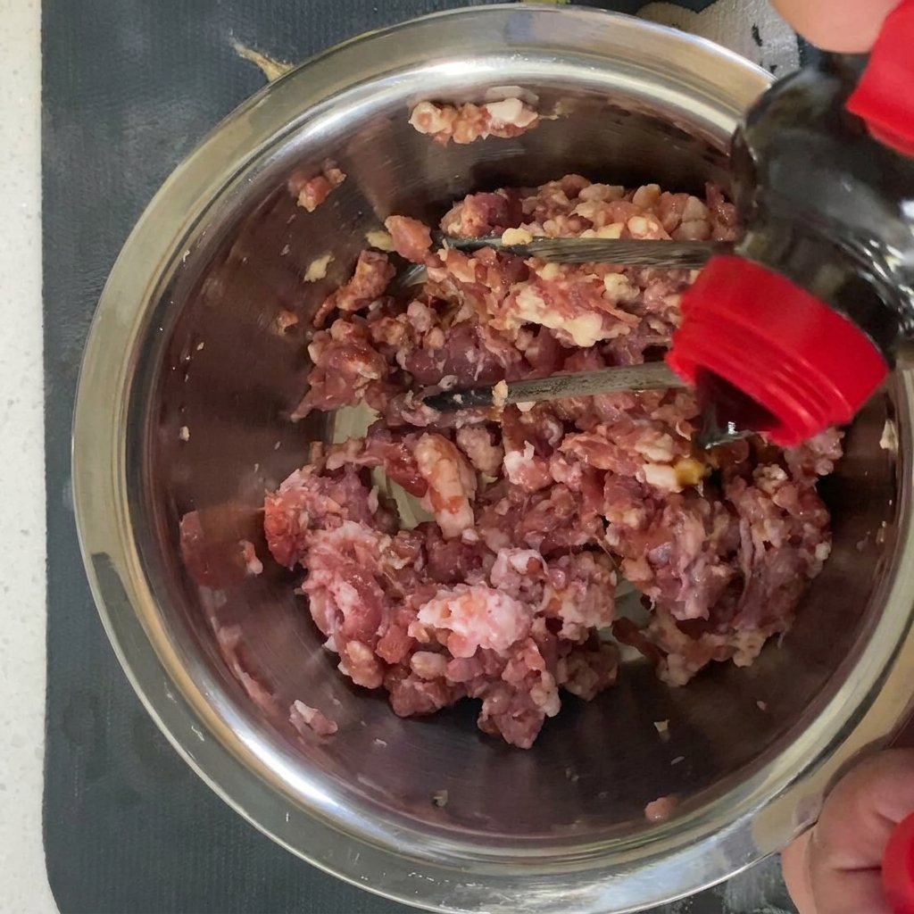 Carne de cerdo finamente picada en un bol siendo sazonada con varias salsas líquidas y especias.