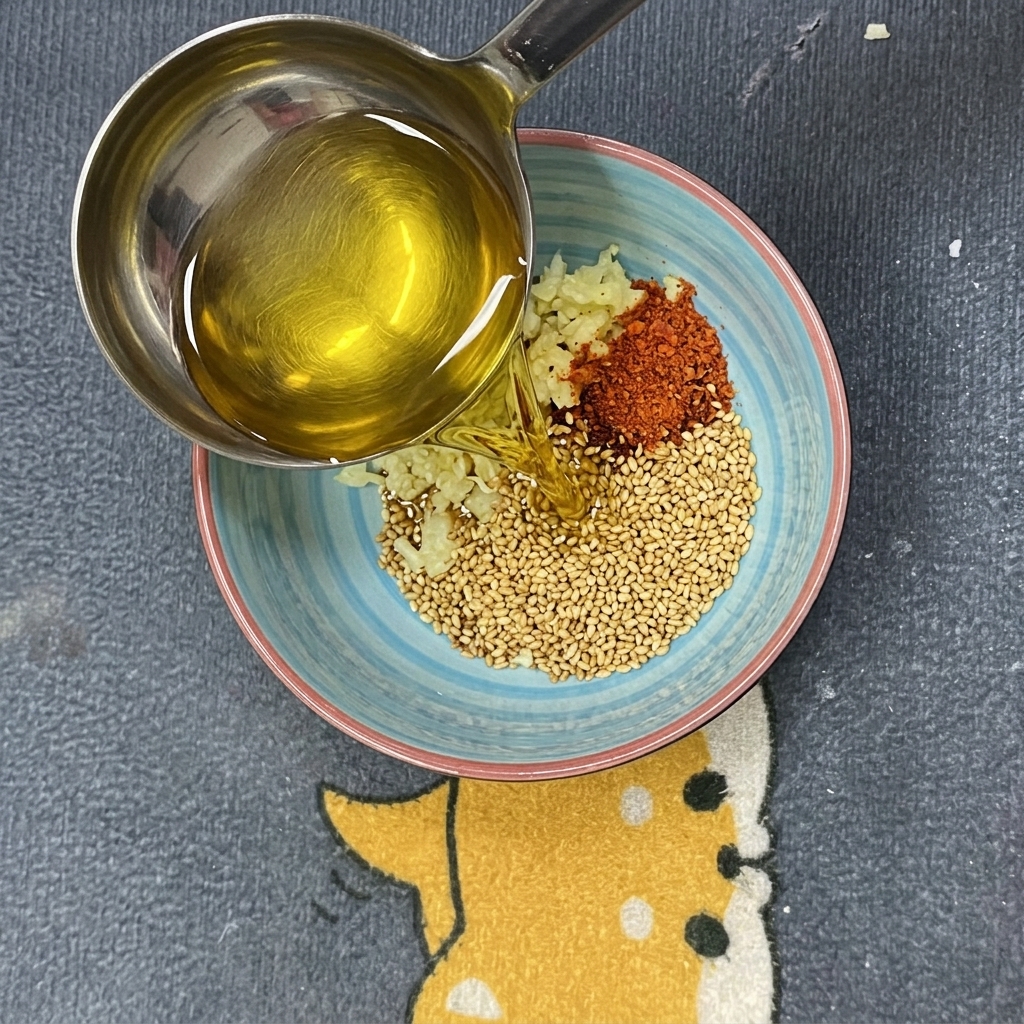 Aceite caliente siendo vertido en un tazón que contiene aromáticos para crear un fragante aceite de chile.