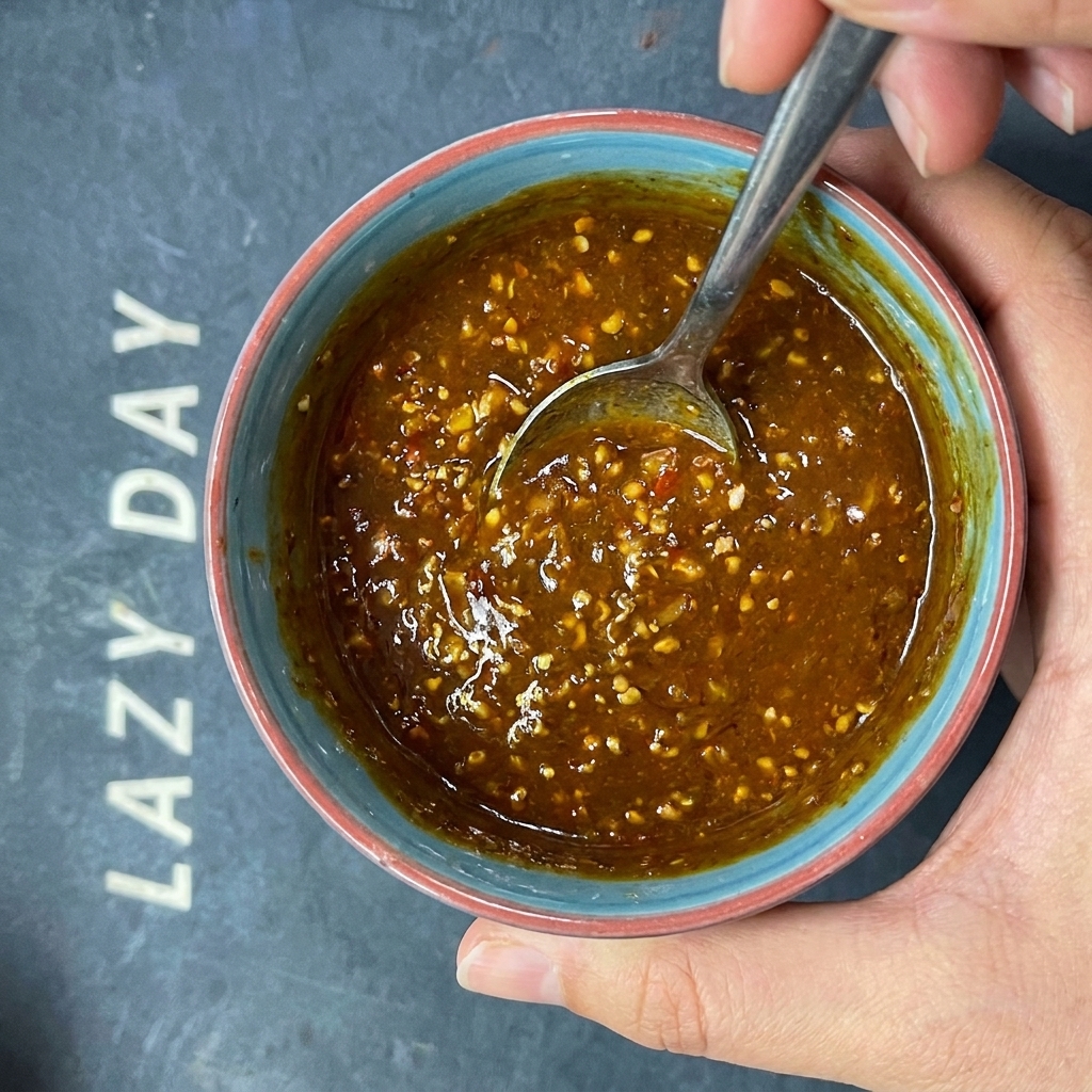 Pasta de sésamo siendo mezclada en un tazón de aceite de chile para finalizar la salsa de los fideos.
