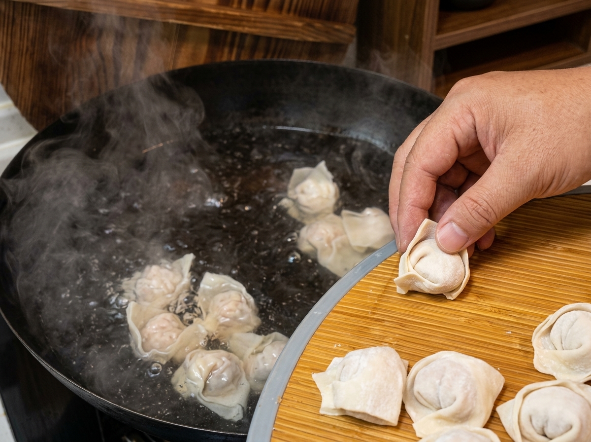 Una mano dejando caer cuidadosamente wontons recién envueltos desde una bandeja de bambú en agua hirviendo vigorosamente.