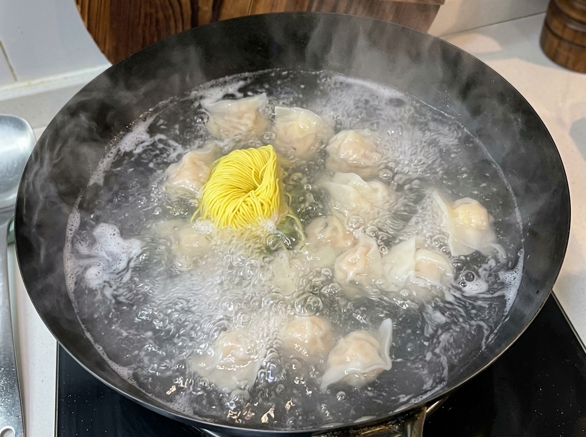 Un manojo de fideos de huevo amarillos secos siendo añadidos a un wok de agua hirviendo junto con wontons cocinándose.