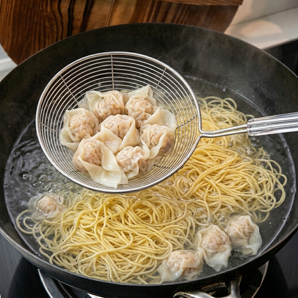 Una espumadera de alambre sacando varios wontons de cerdo y camarones cocidos y ligeramente translúcidos del agua hirviendo.