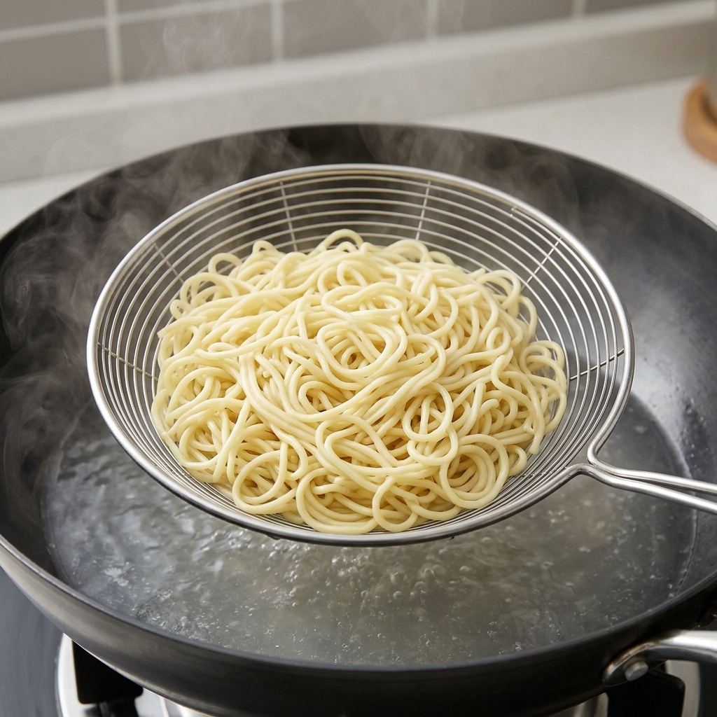 Una espumadera de alambre sacando una porción de fideos de huevo amarillos cocidos del agua hirviendo.