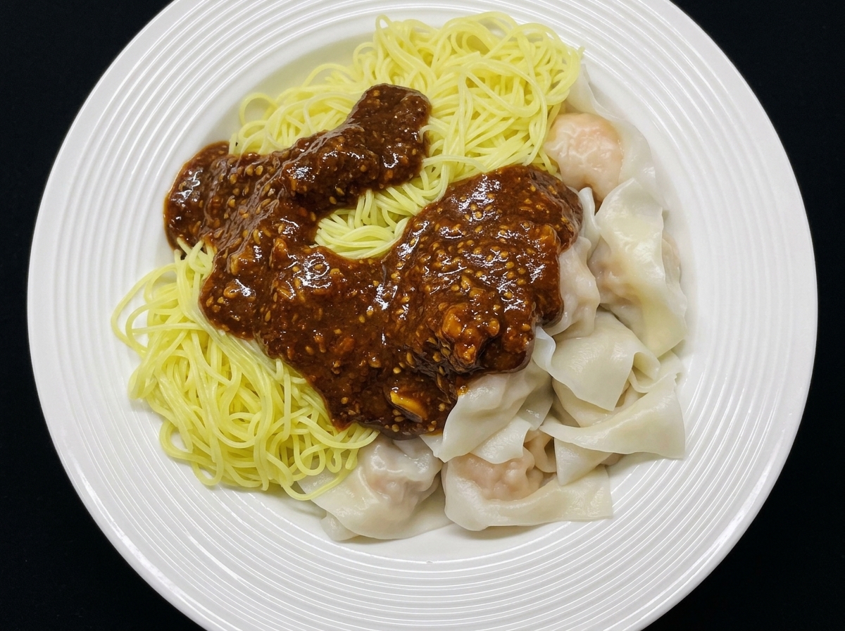Un primer plano de la salsa picante de sésamo siendo servida sobre un plato de wontons y fideos recién cocinados.