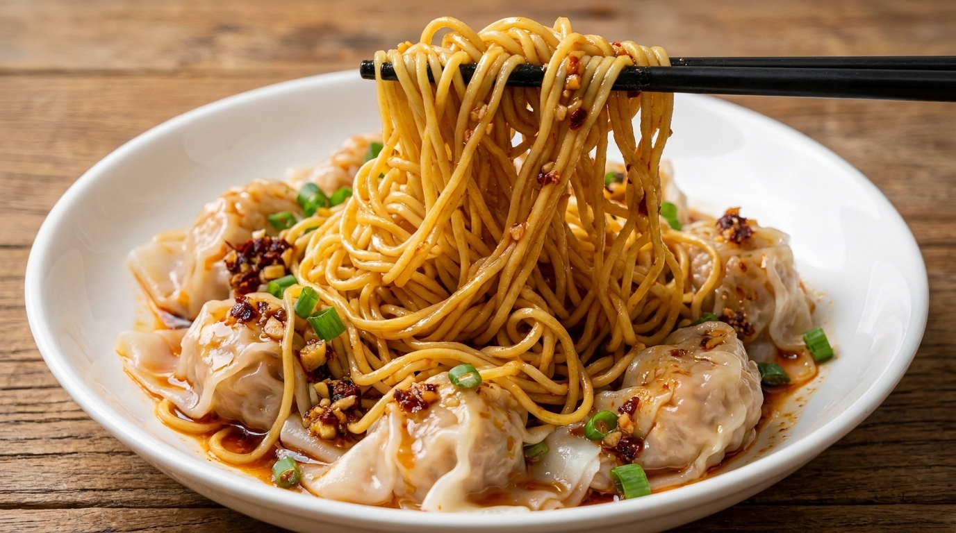 Fideos de Wonton Secos con Salsa Picante de Sésamo