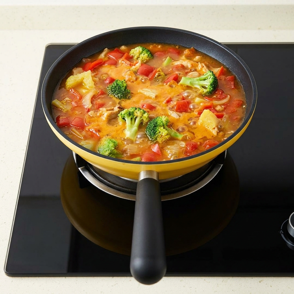 Primer plano de una cucharada de sal espolvoreándose en una sartén con caldo burbujeante de tomate y mostaza encurtida.