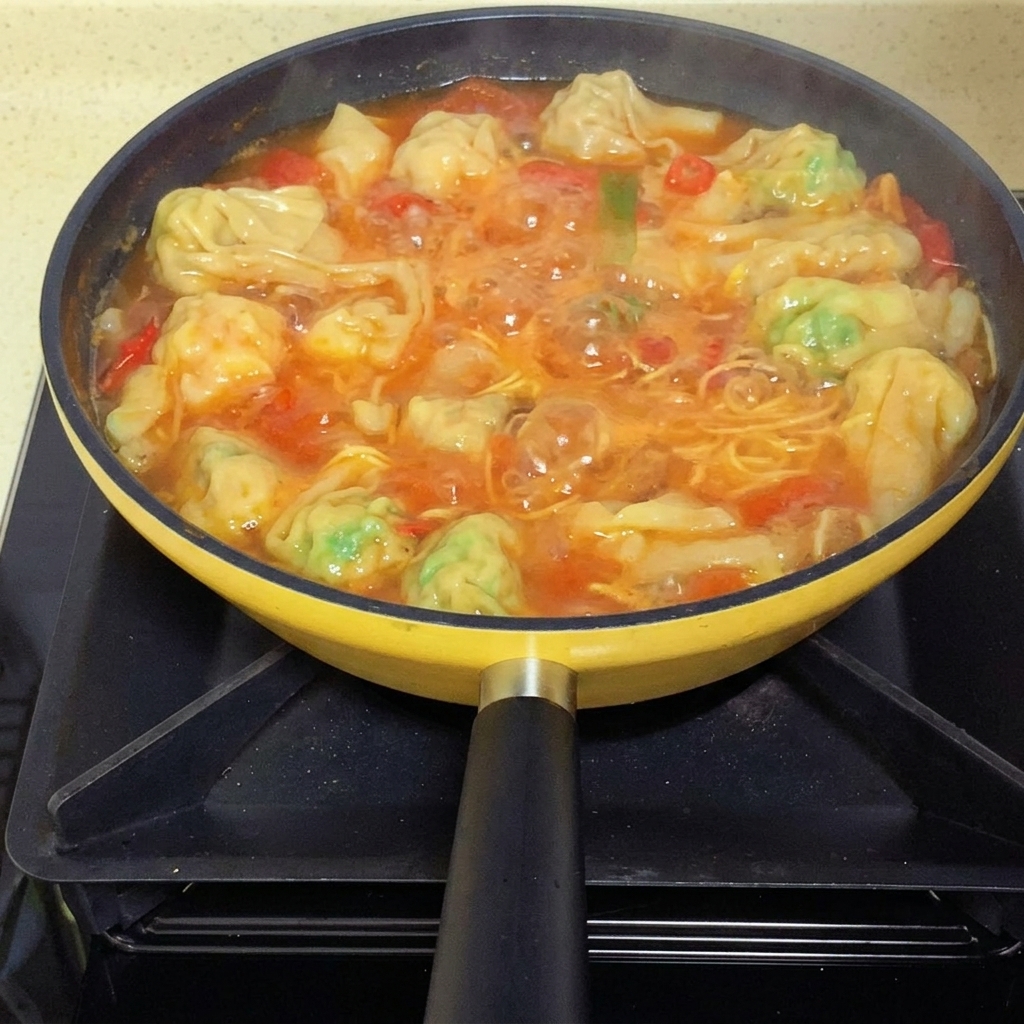 Cebolletas frescas recién picadas espolvoreadas sobre la sopa de fideos wonton con tomate terminada en la sartén.