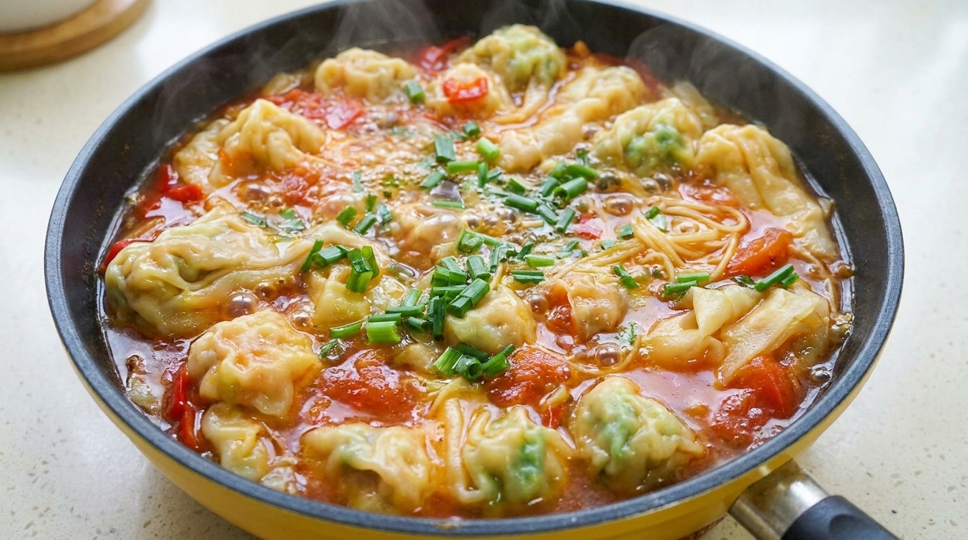 Sopa de Fideos Wonton con Tomate y Mostaza Encurtida