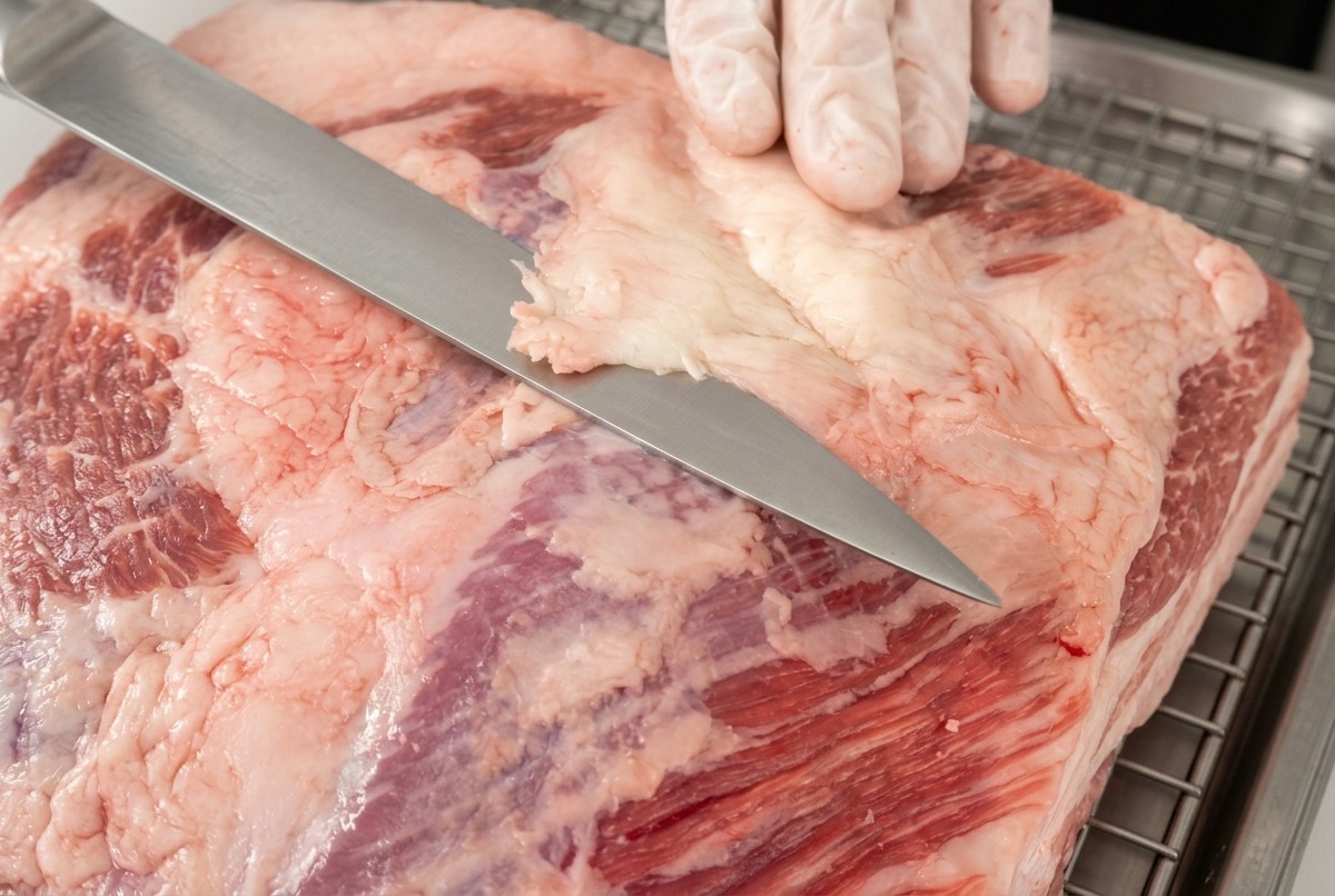 Vista de cerca de un cuchillo cortando una capa gruesa de grasa blanca en la superficie de costillas de res crudas.