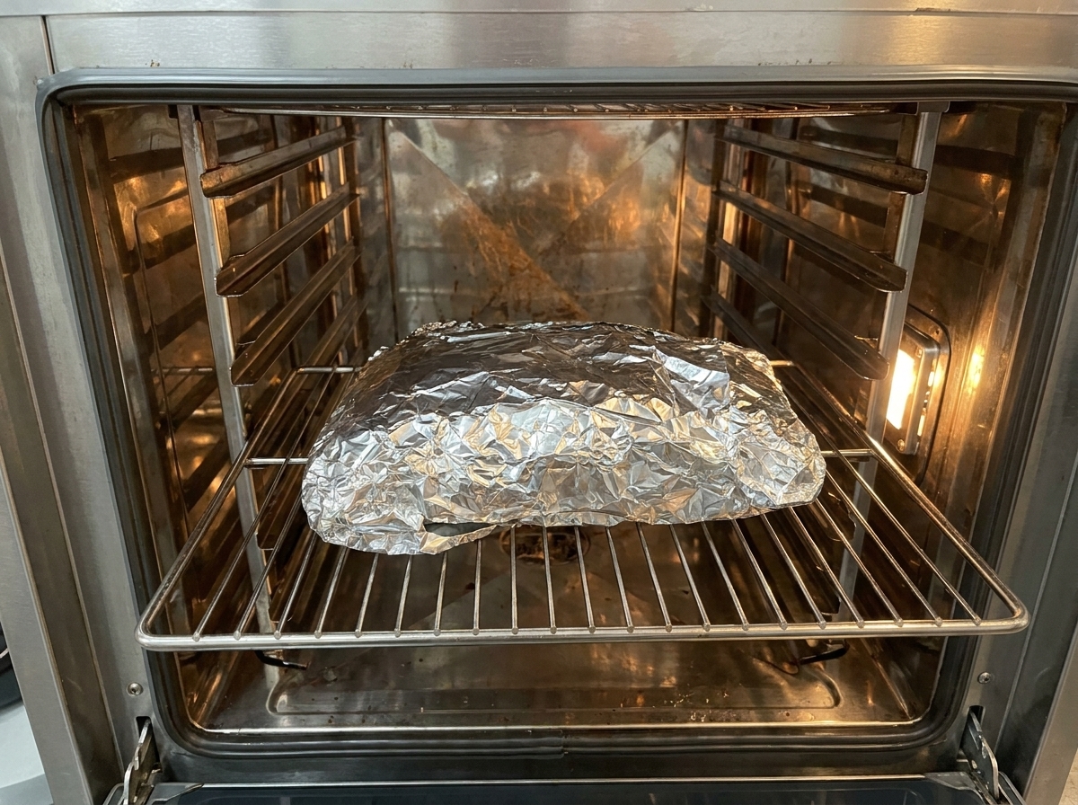 Un paquete envuelto en papel de aluminio reposando sobre una rejilla dentro de un horno de acero inoxidable precalentado.