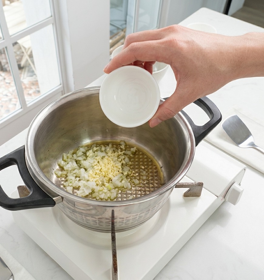 Ajo picado y cebollas blancas siendo añadidos a una olla de acero inoxidable con aceite en la estufa.