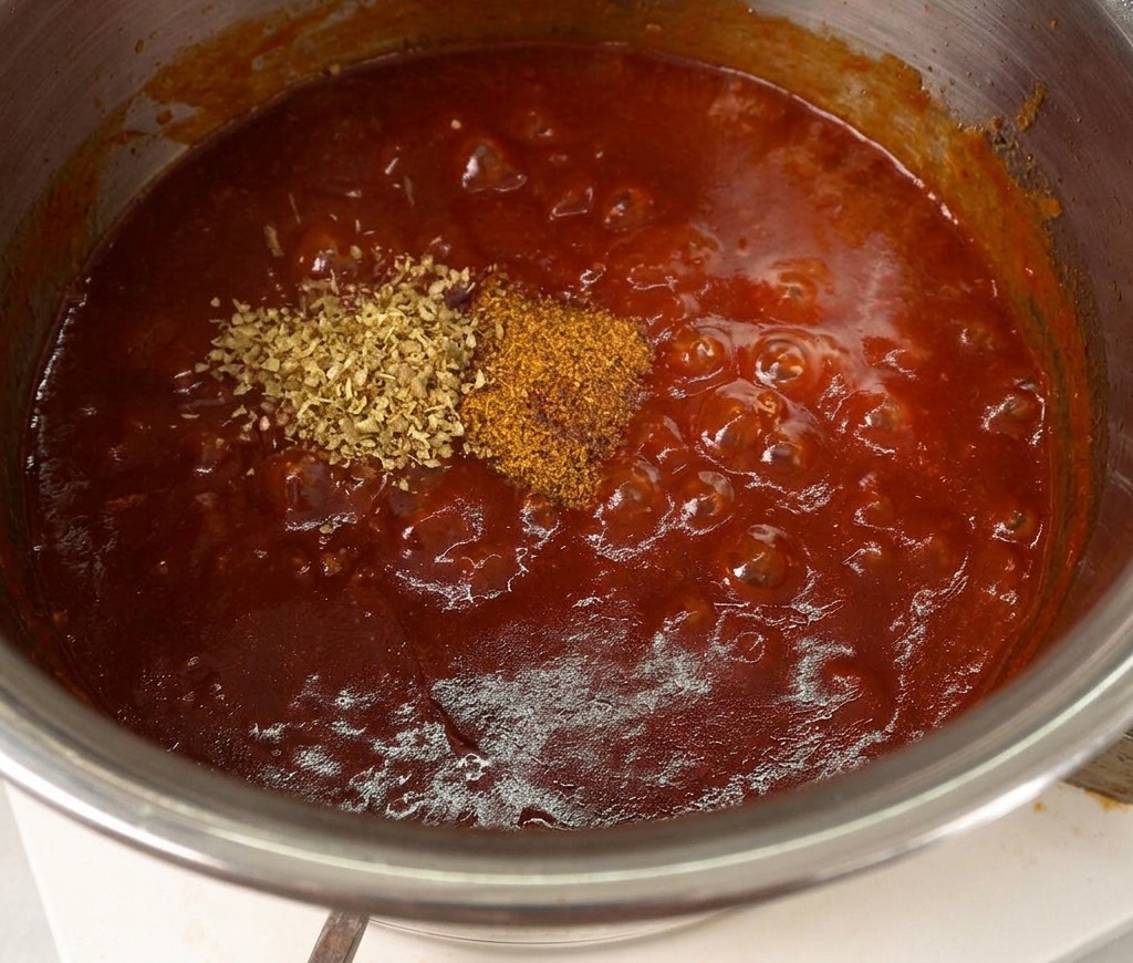Especias y hierbas secas sobre una salsa BBQ roja burbujeante en una olla de metal.