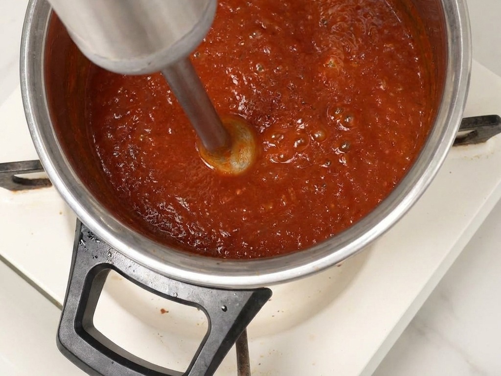 Una persona usando una batidora de mano de acero inoxidable para suavizar una salsa BBQ roja espesa en una olla.
