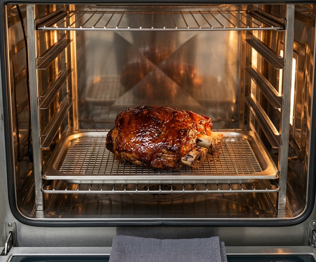 Una pieza de costillas de res glaseada y brillante en una rejilla dentro de un horno encendido durante la etapa final.