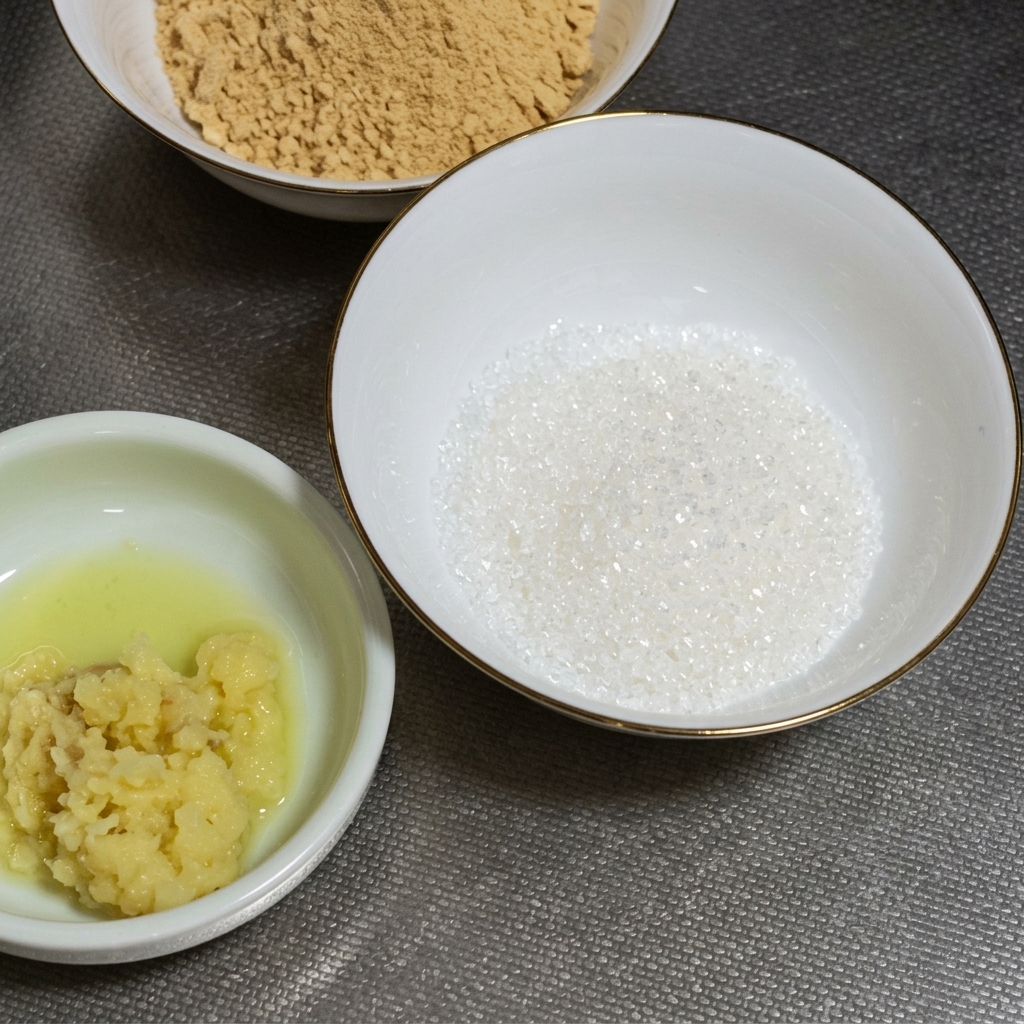 Primer plano de un tazón blanco con una cucharada de pasta de miso rojo junto a ajo y jengibre recién picados.
