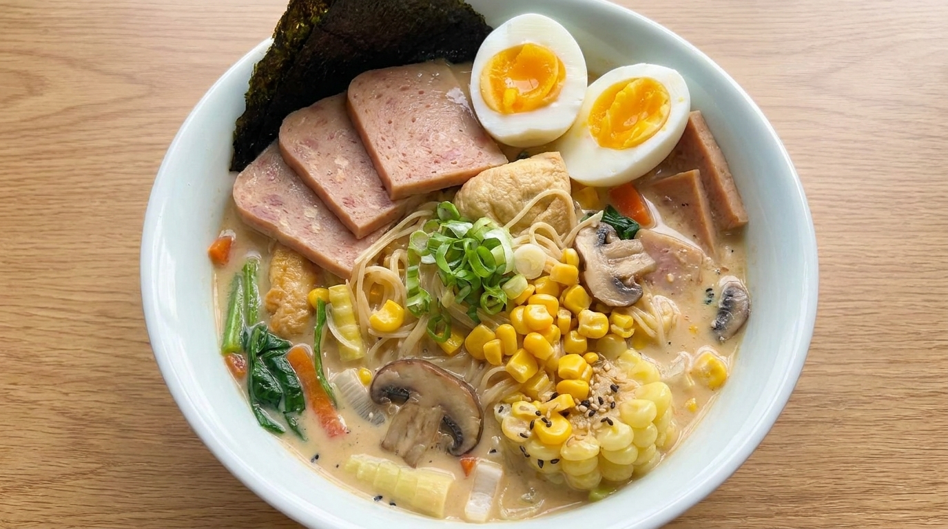 Un tazón de Ramen de Miso y Elote coronado con huevo pasado por agua, carne estilo luncheon, nori y granos de elote dulce.