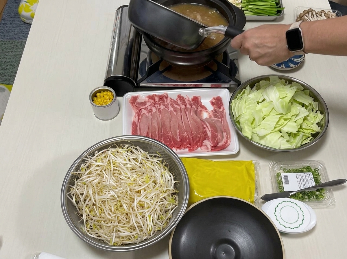 Primer plano de un cucharón vertiendo una base de sopa rica y dorada en una olla llena de verduras, carne y fideos.