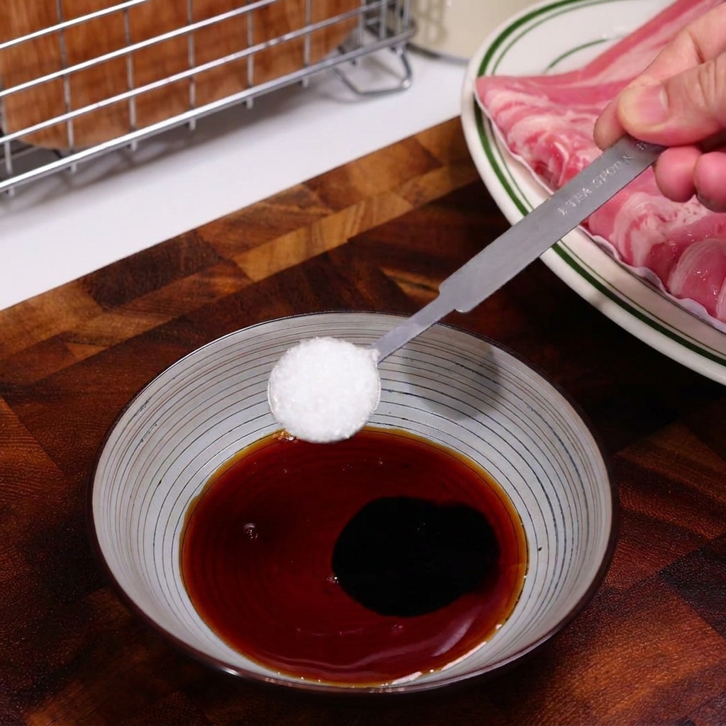 Una mano usando una cuchara medidora para añadir un ingrediente en polvo a un tazón con salsa oscura.