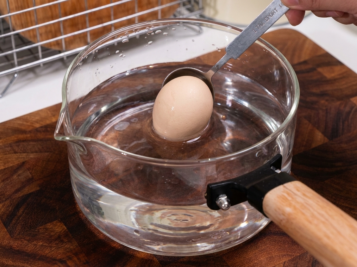 Un huevo entero siendo introducido con cuidado en un recipiente con agua tibia.