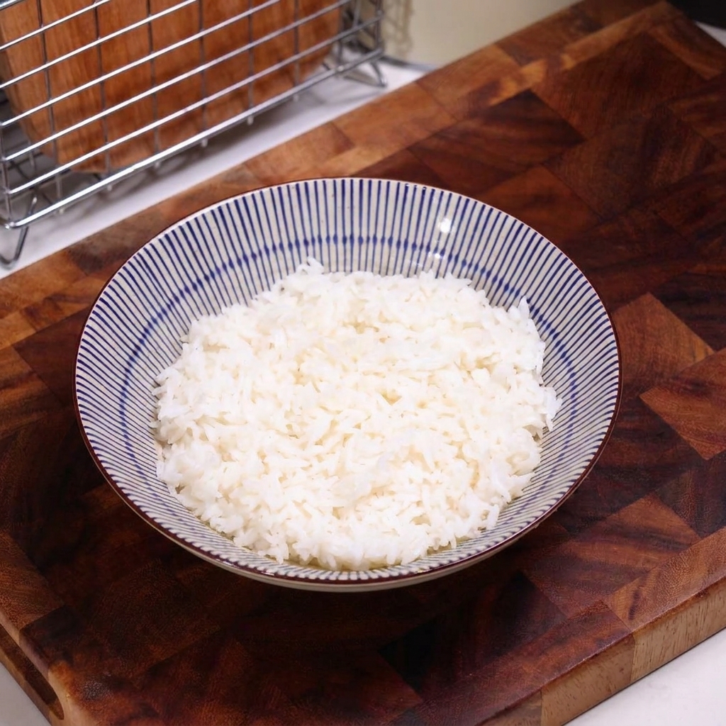 Un tazón de arroz blanco listo para ser cubierto con la mezcla de ternera.