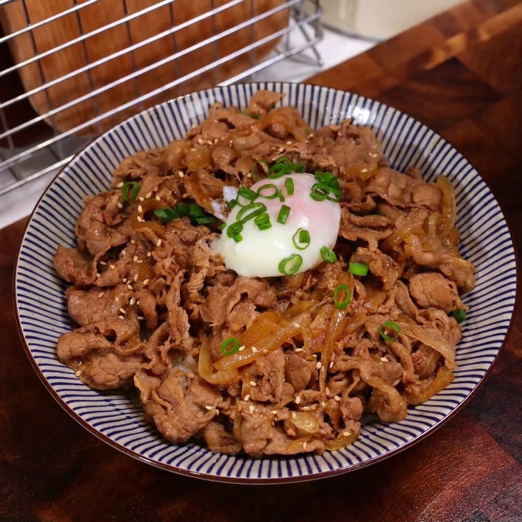 Un tazón de arroz con carne y huevo siendo decorado con cebollino y sésamo.