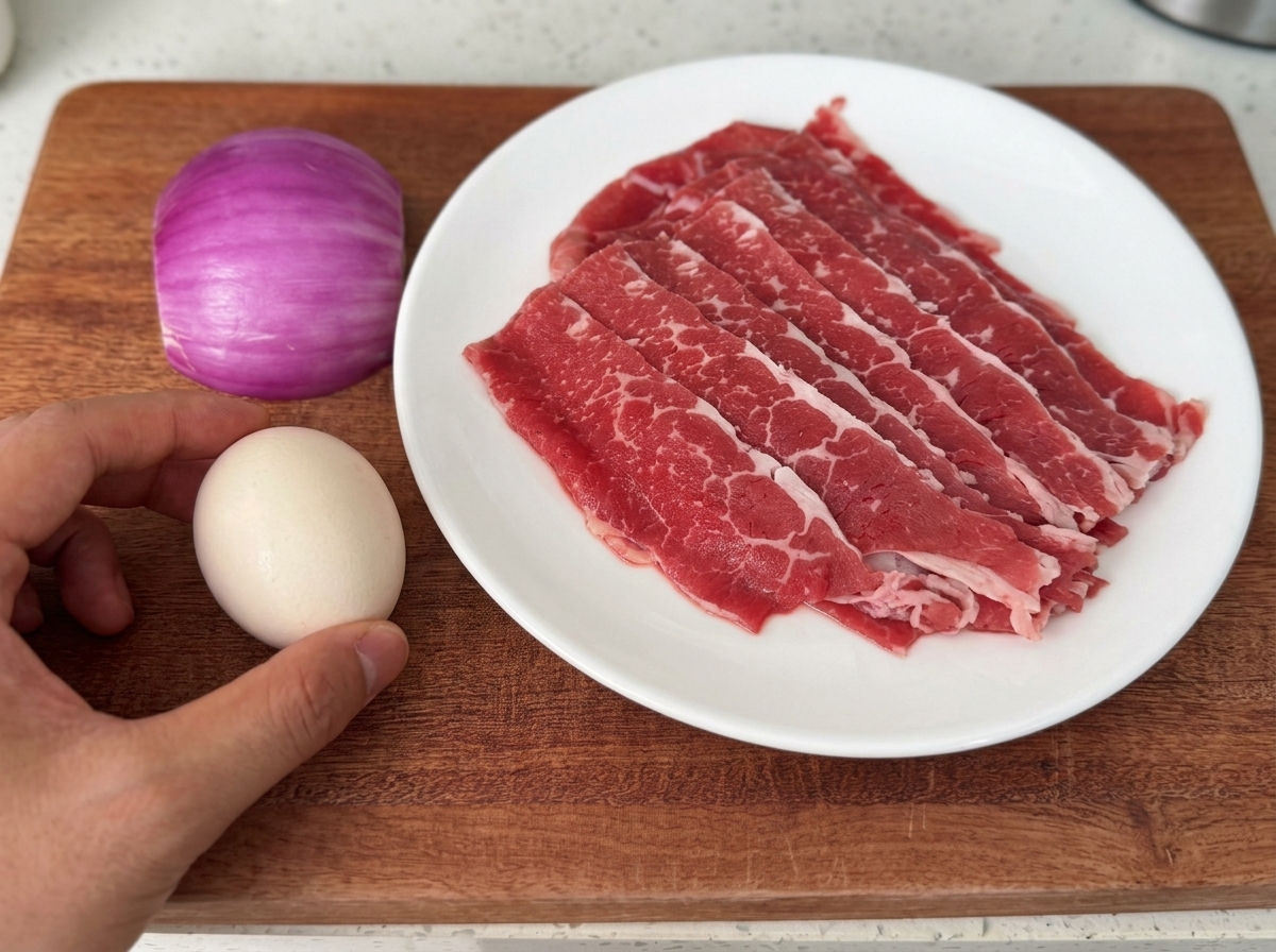 Rodajas de carne agregadas a una sartén antiadherente caliente, comenzando a dorarse de inmediato.