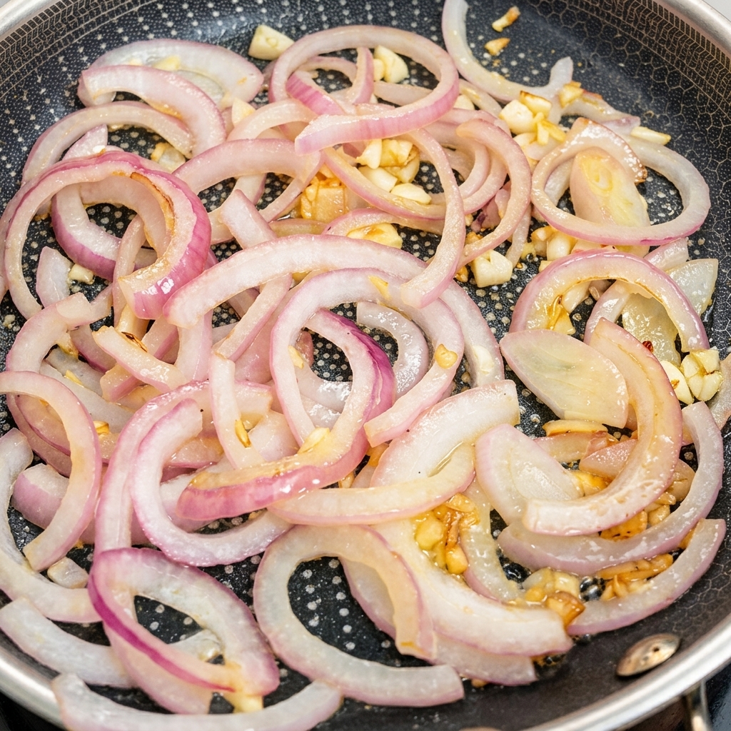 Rodajas de carne agregadas a una sartén que ya contiene cebollas salteadas.