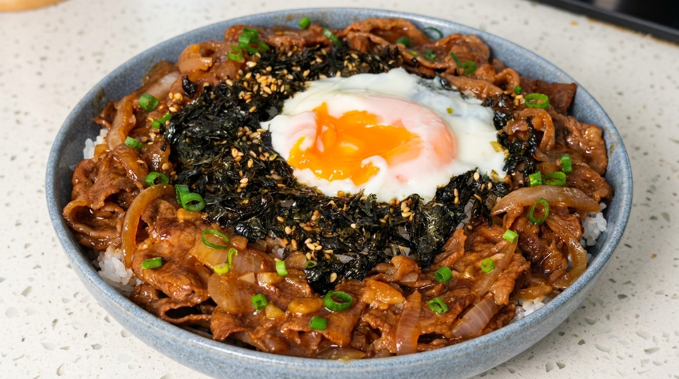 Tazón de Carne Japonés con Huevo Onsen (Gyudon)