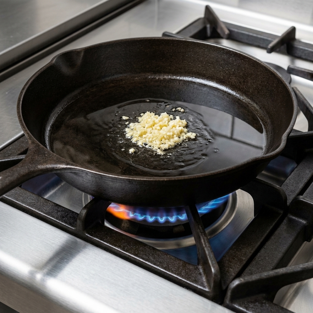 Ajo y cebolla picados sofriéndose en aceite en una sartén de hierro fundido.