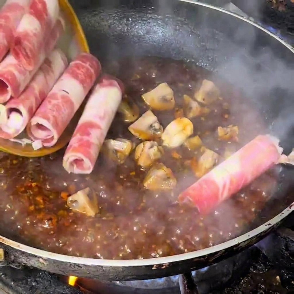 Láminas de ternera siendo añadidas a la sartén con la salsa y champiñones.