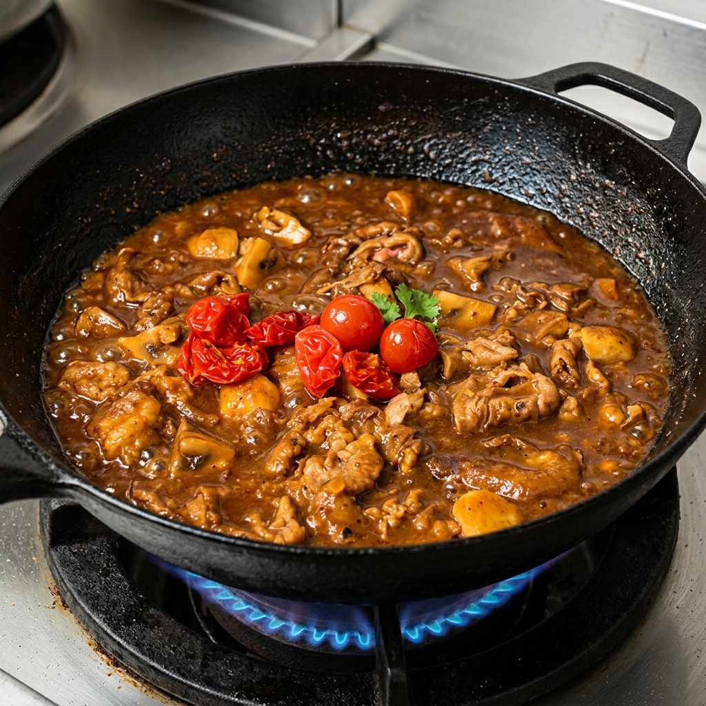Tomates cherry mezclándose con la carne y los champiñones en la sartén.
